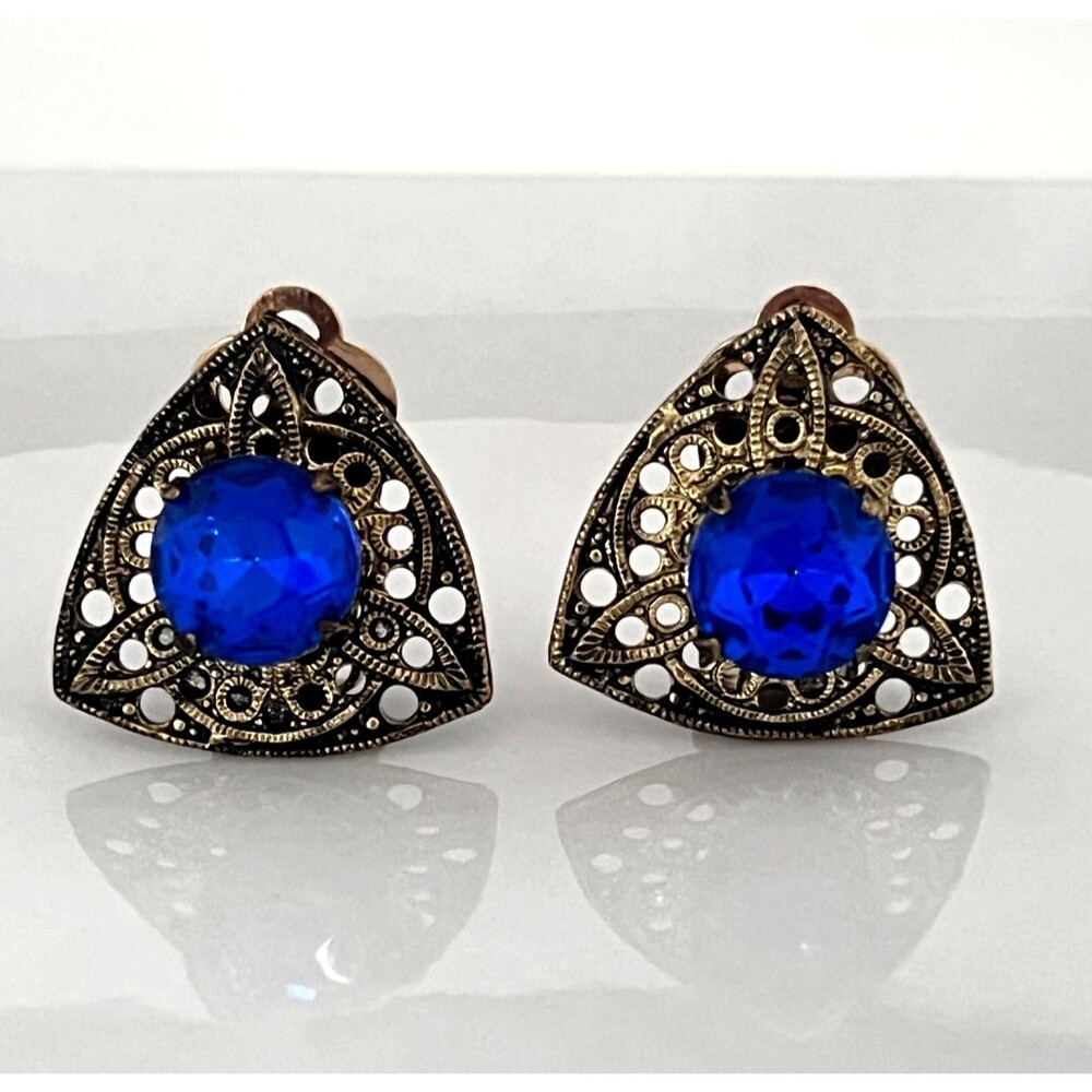 Vintage 1950s Clip Earrings Art Deco Revival Blue Czech Glass - 4N